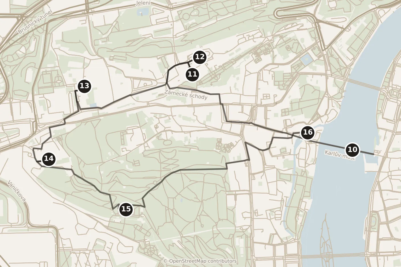 Map of Prague, day two: stops 10–16, numbered in walking order.