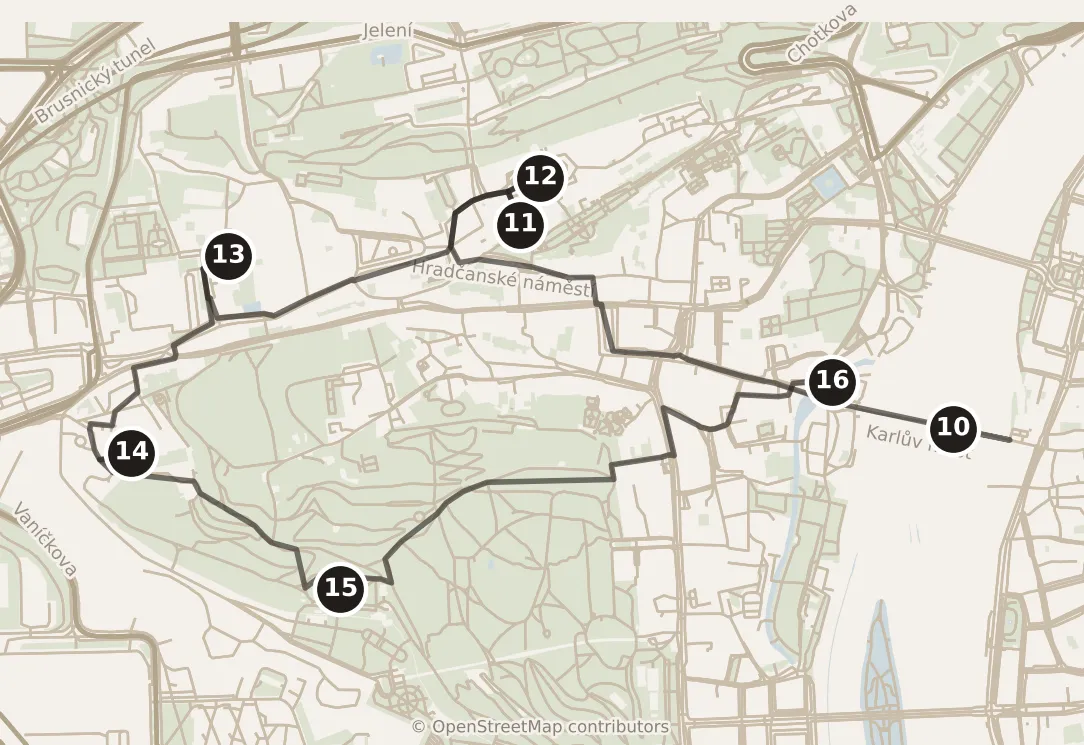 Map of Prague, day two: stops 10–16, numbered in walking order.