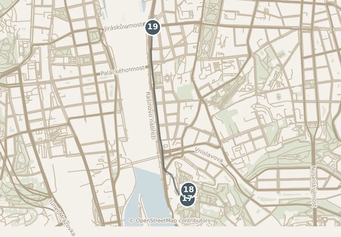 Map of Prague, with a third day: stops 17–19, numbered in walking order.