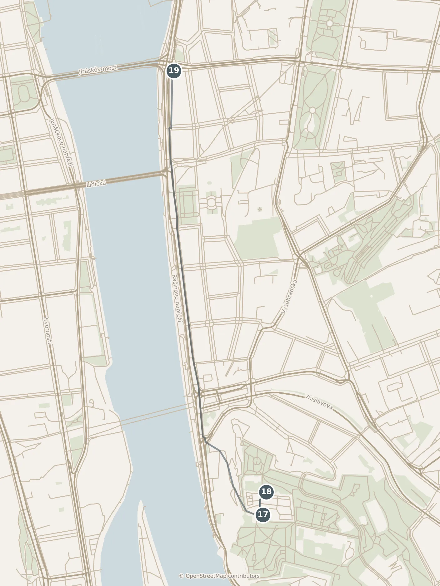 Map of Prague, with a third day: stops 17–19, numbered in walking order.