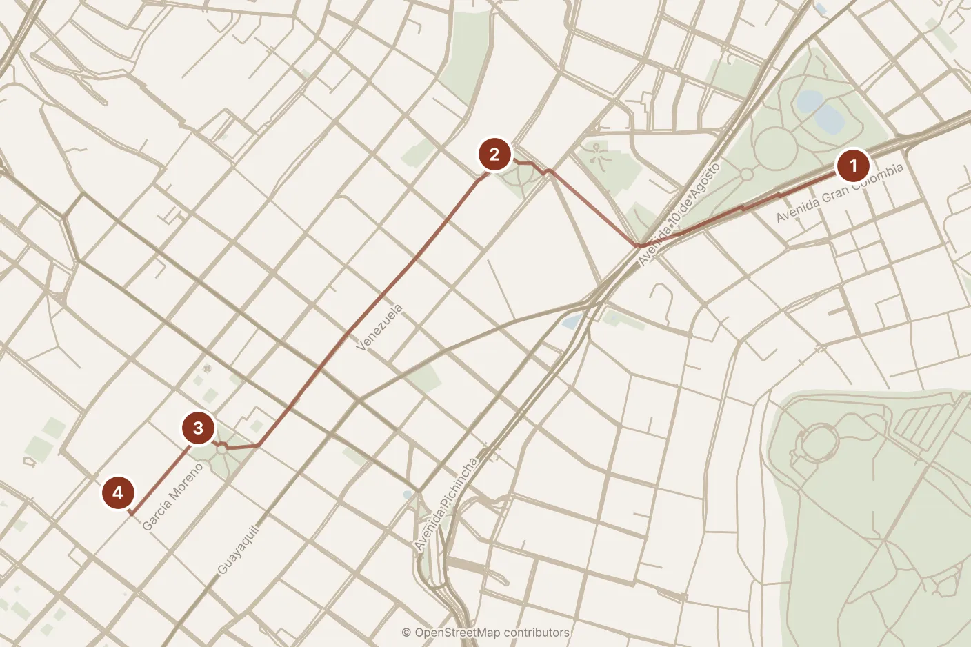 Map of Quito, morning: stops 1–4, numbered in walking order.