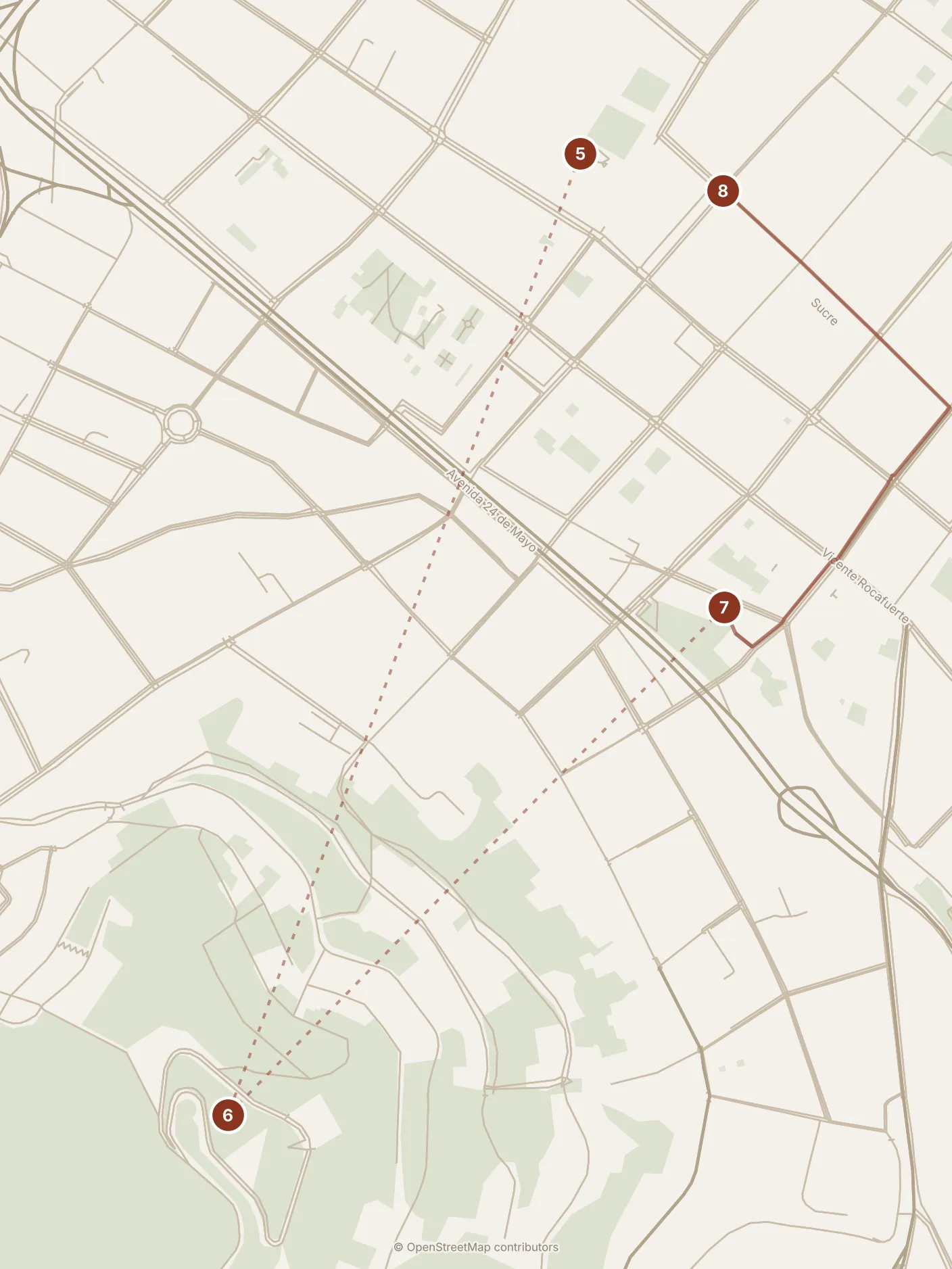 Map of Quito, afternoon and evening: stops 5–8, numbered in walking order.