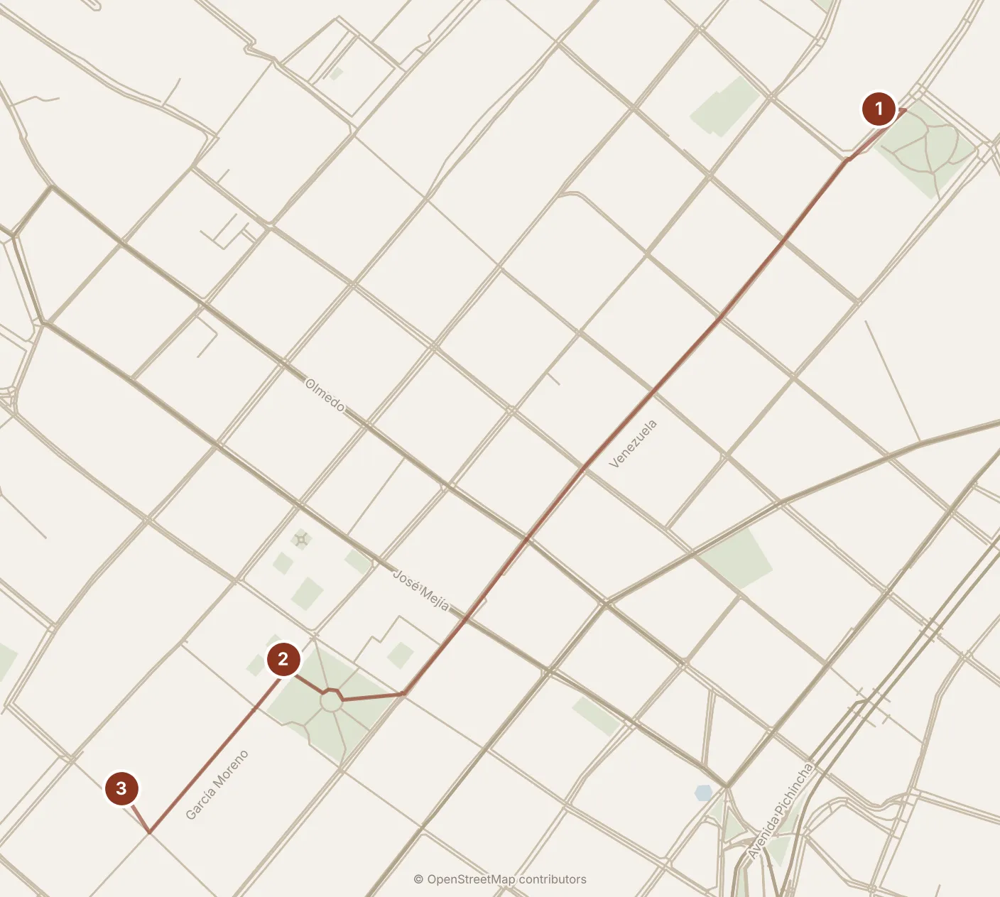 Map of Quito, morning: stops 1–3, numbered in walking order.