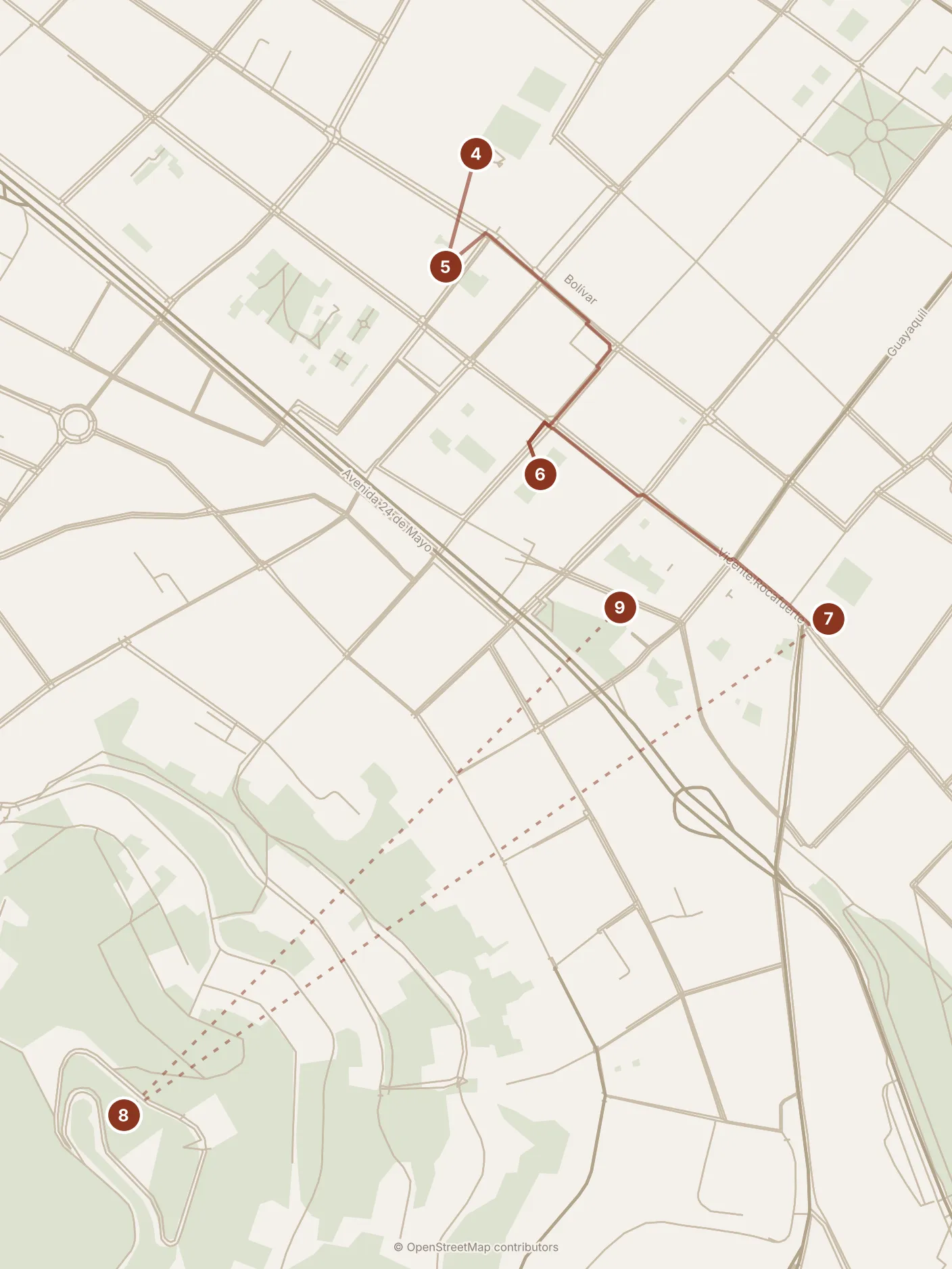 Map of Quito, afternoon and evening: stops 4–9, numbered in walking order.