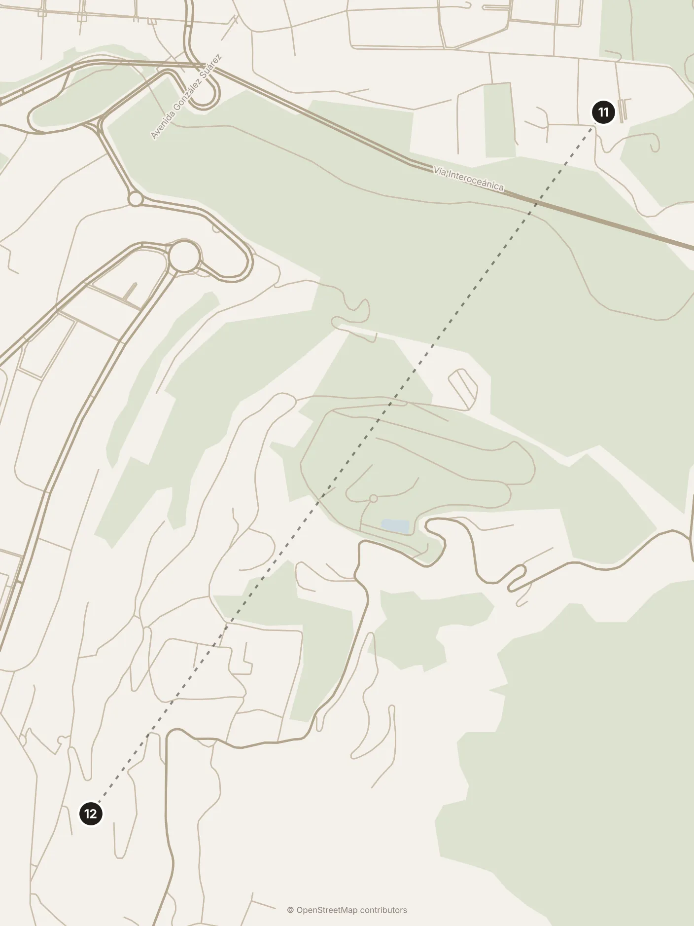 Map of Quito, afternoon: stops 11–12, numbered in walking order.