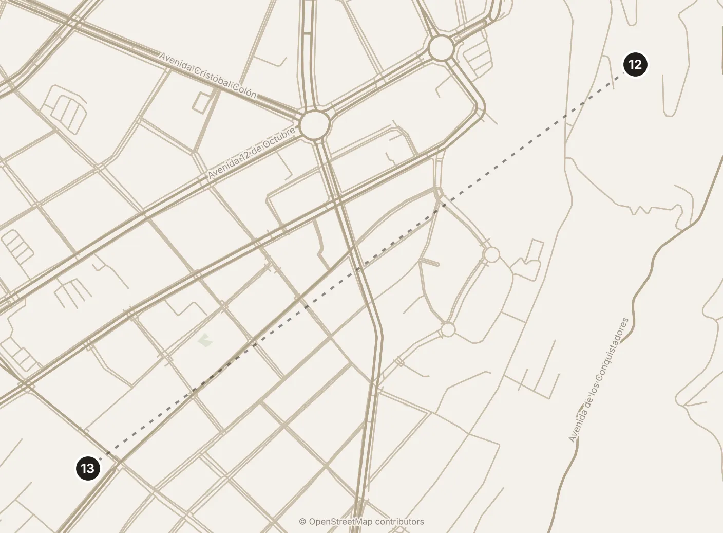 Map of Quito, evening: stop 13, numbered in walking order.
