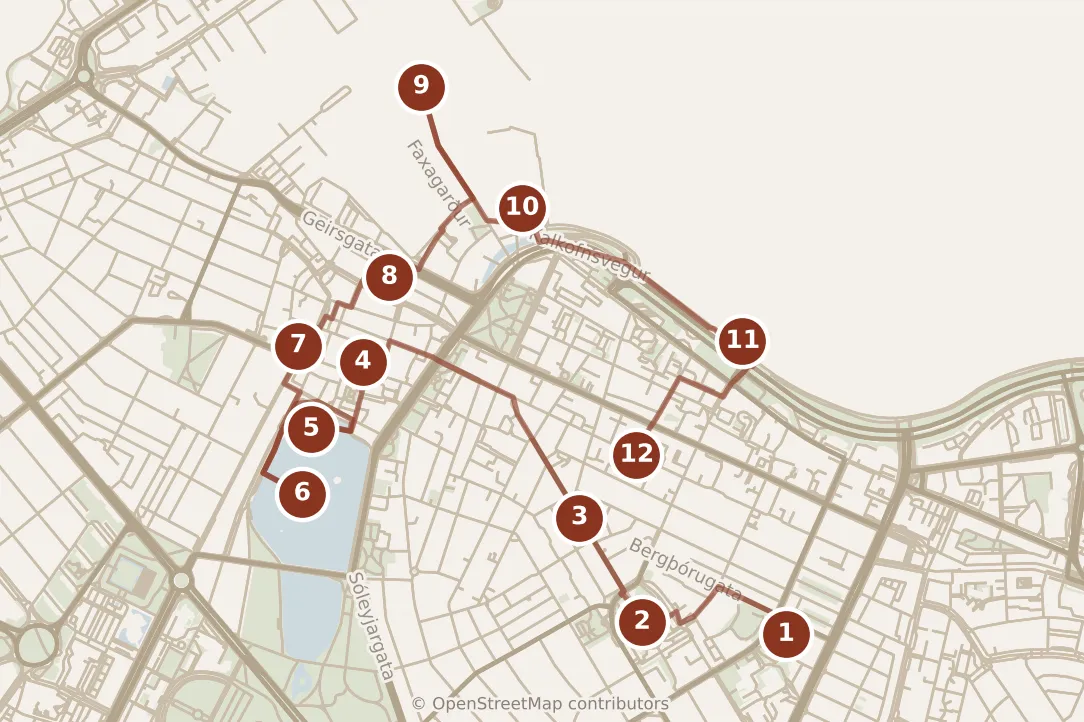 Map of Reykjavík, the day: stops 1–12, numbered in walking order.