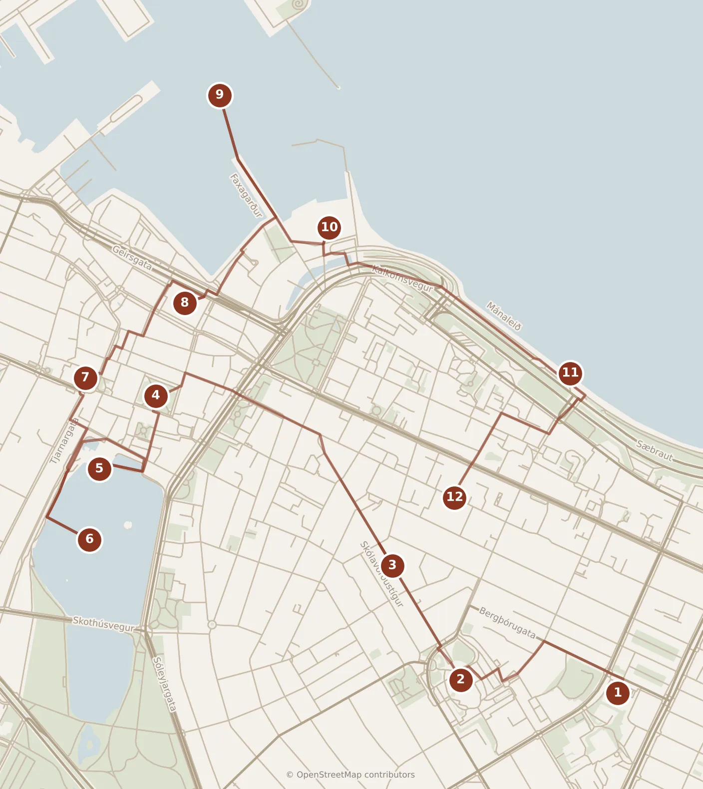 Map of Reykjavík, the day: stops 1–12, numbered in walking order.