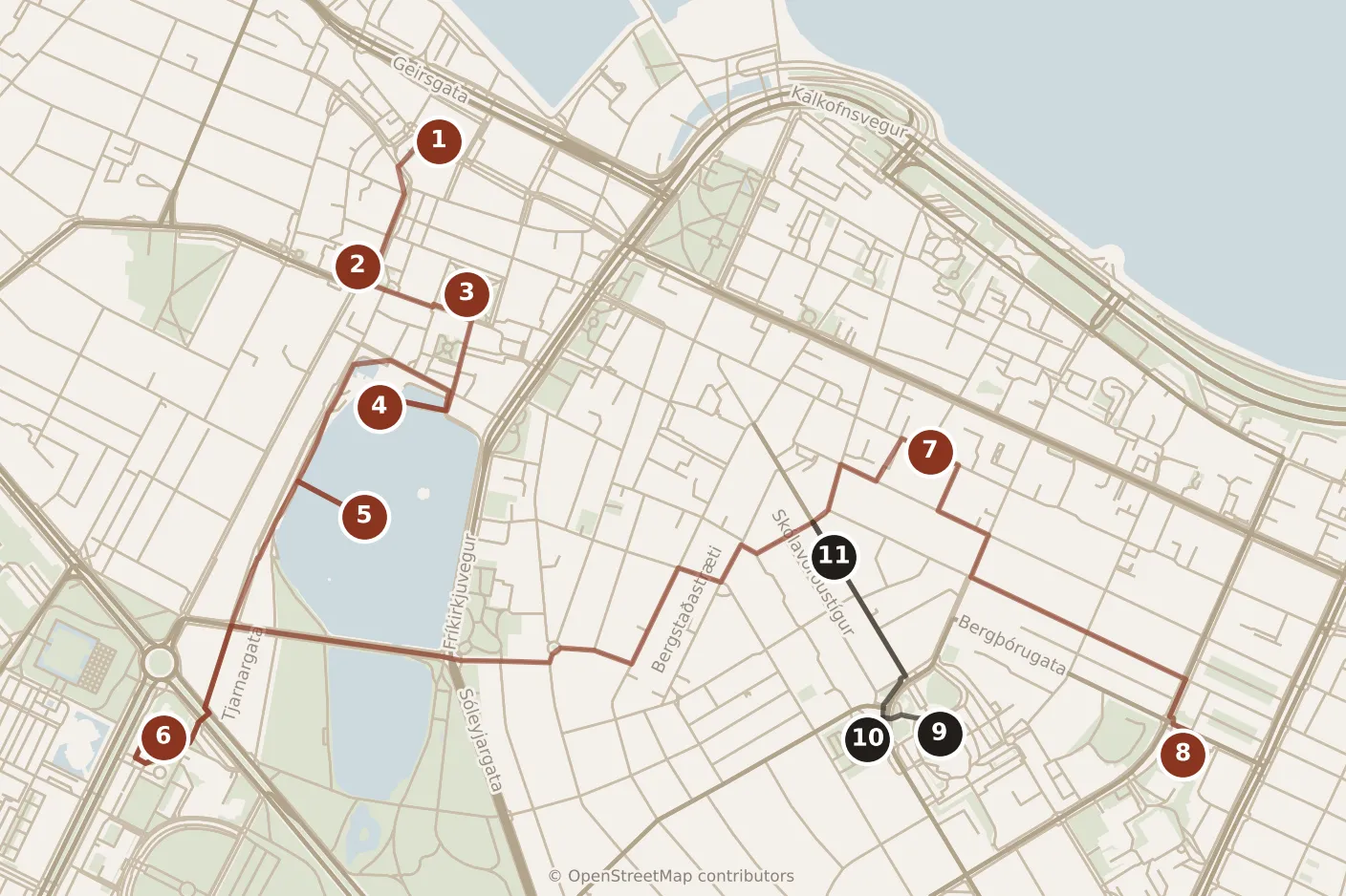 Map of Reykjavík, day one and day two: stops 1–11, numbered in walking order.