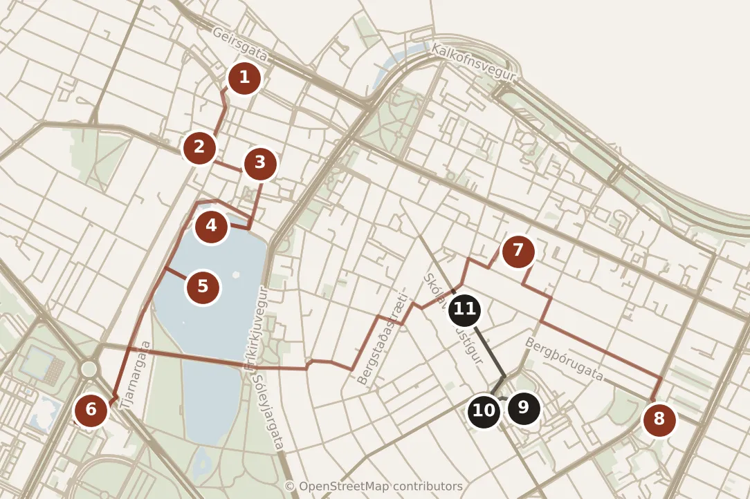 Map of Reykjavík, day one and day two: stops 1–11, numbered in walking order.