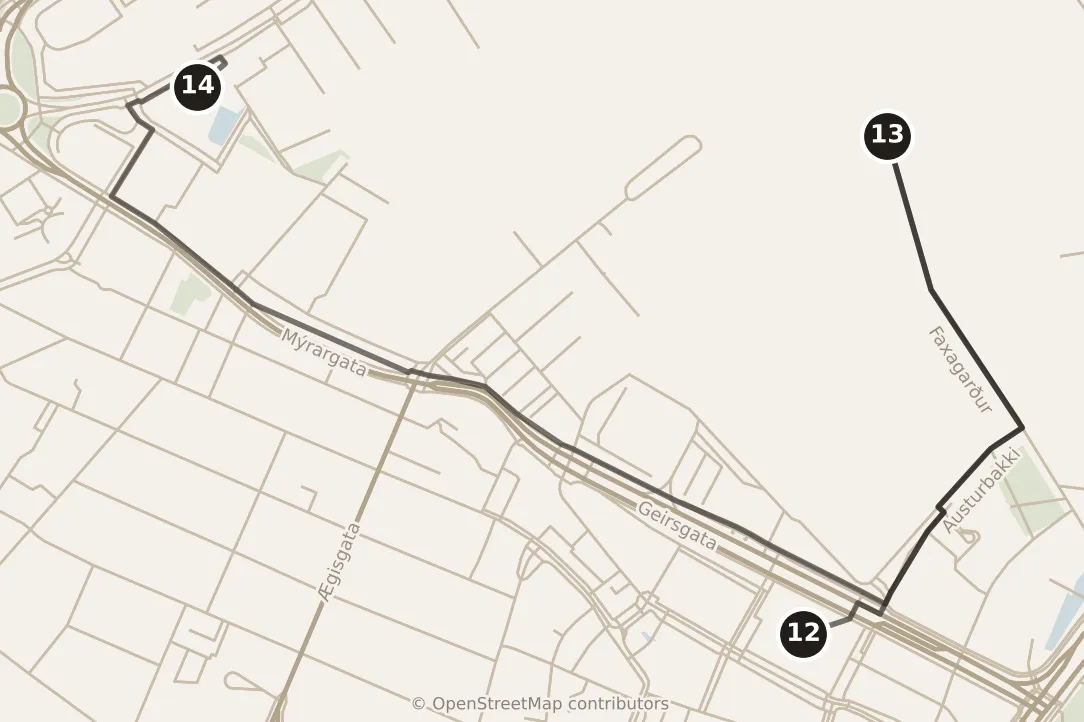 Map of Reykjavík, afternoon: stops 12–14, numbered in walking order.