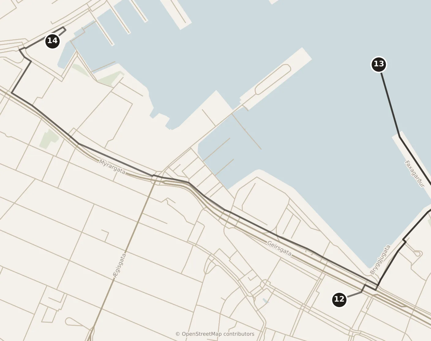 Map of Reykjavík, afternoon: stops 12–14, numbered in walking order.