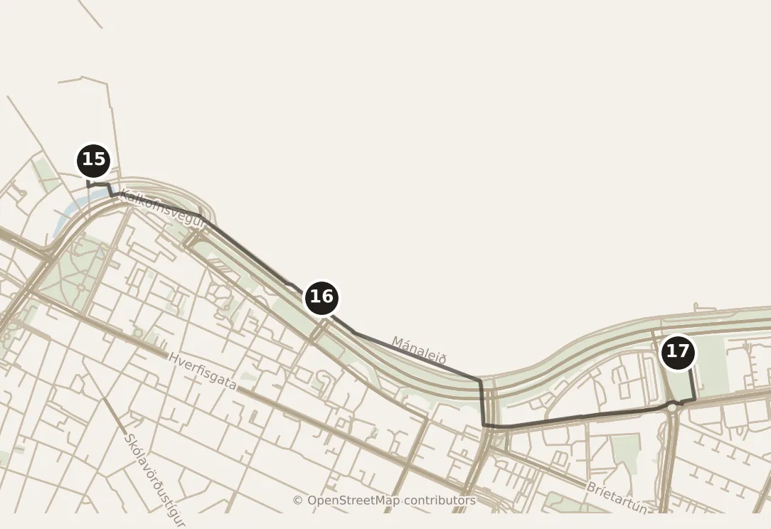Map of Reykjavík, evening: stops 15–17, numbered in walking order.
