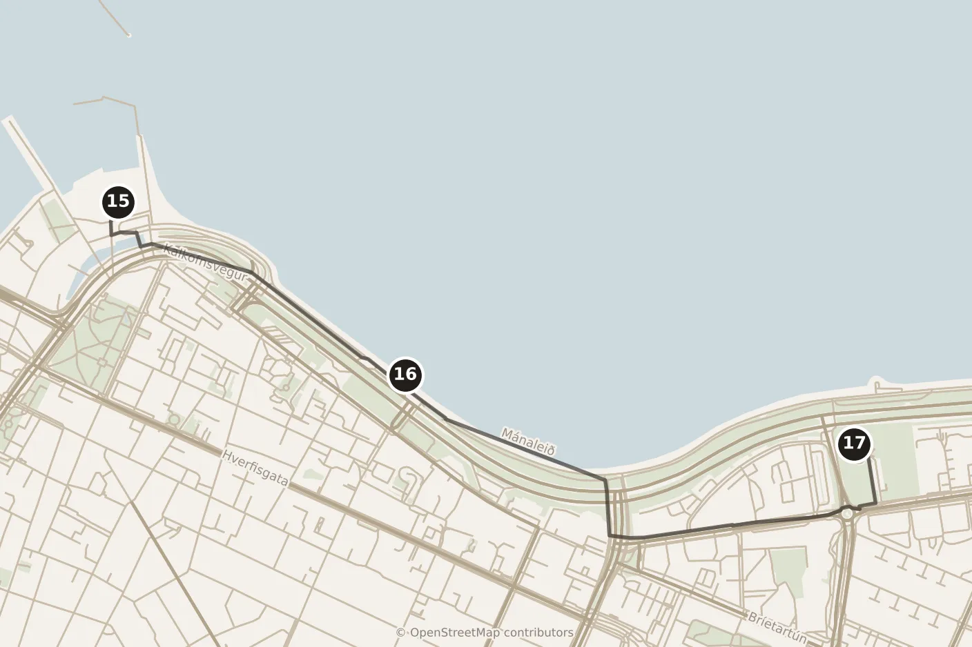 Map of Reykjavík, evening: stops 15–17, numbered in walking order.