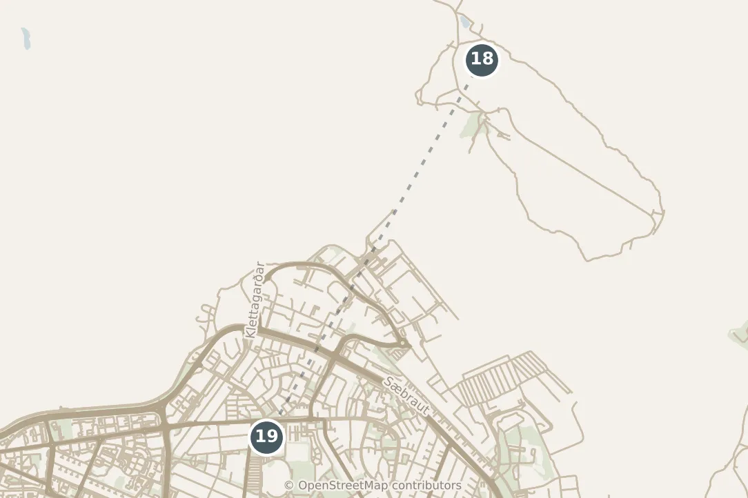 Map of Reykjavík, with a third day: stops 18–19, numbered in walking order.