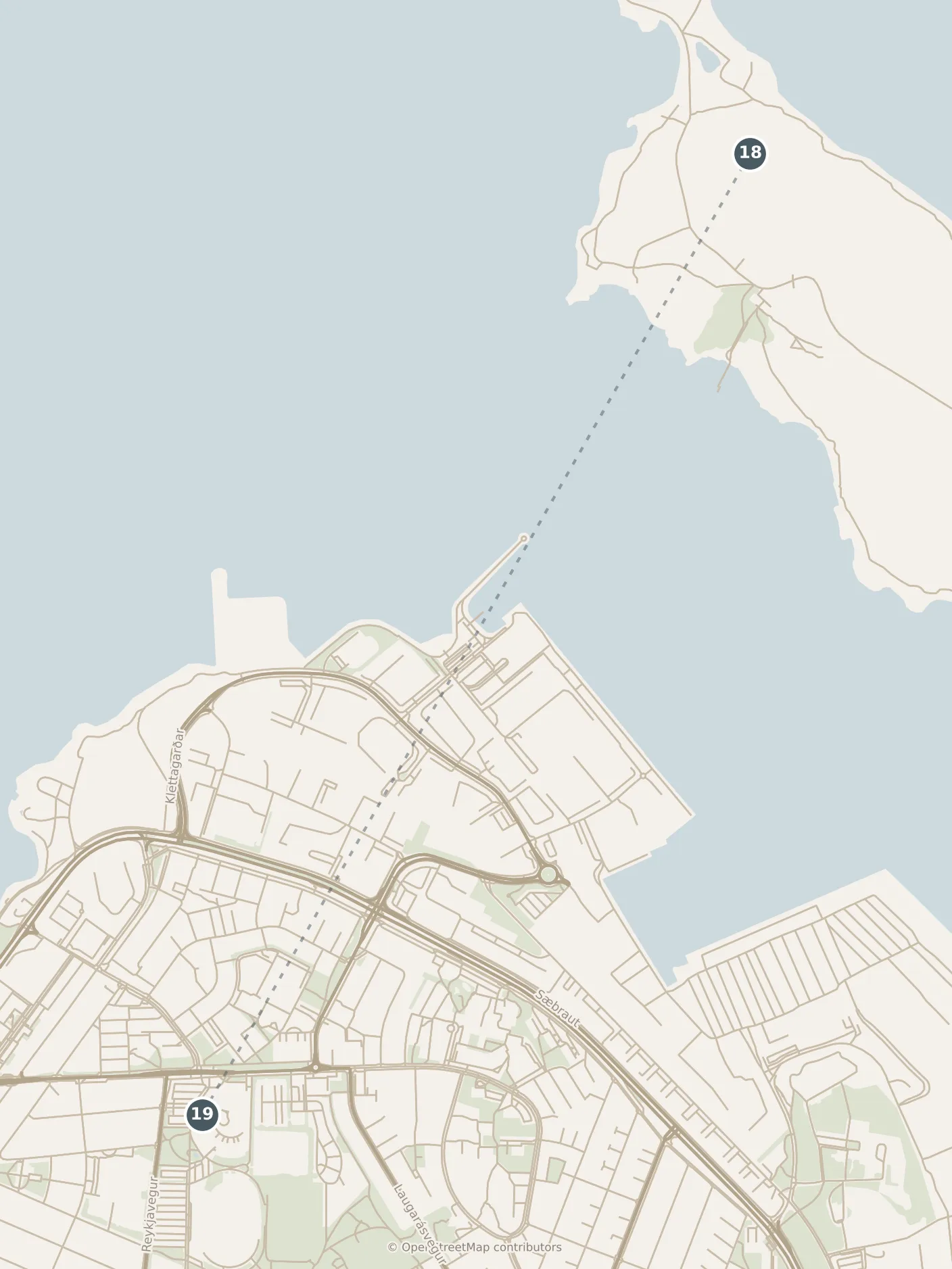 Map of Reykjavík, with a third day: stops 18–19, numbered in walking order.