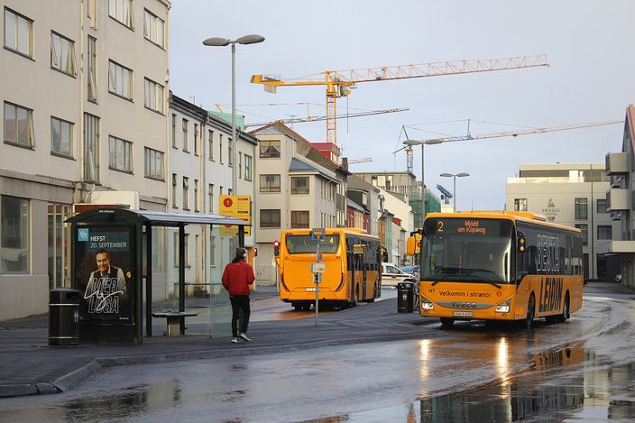 Two yellow Strætó city buses at a stop on a wet street in central Reykjavík, the nearer one signed route 2 with its destination on the display, a person waiting under the shelter and construction cranes behind the rooftops