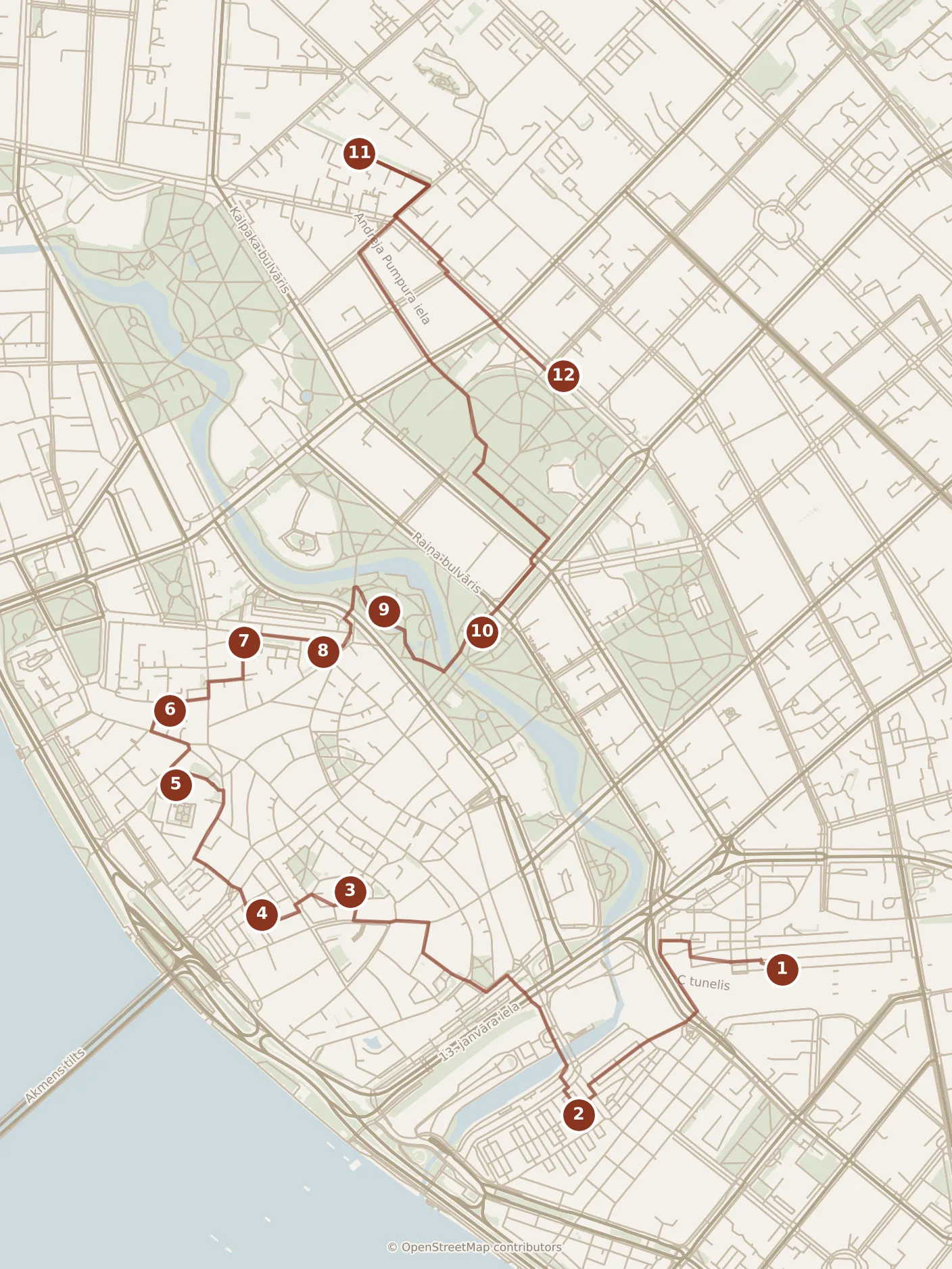 Map of Riga, the day: stops 1–12, numbered in walking order.