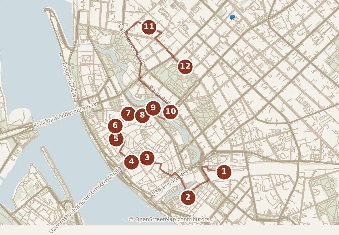 Map of Riga, the day: stops 1–12, numbered in walking order.