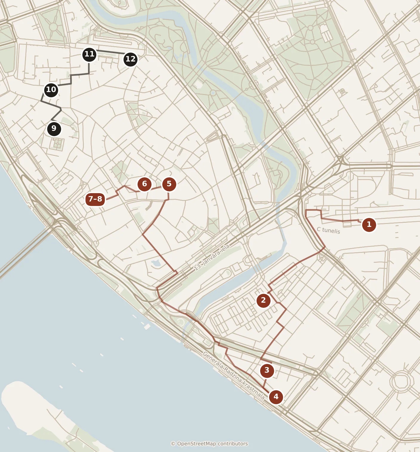 Map of Riga, day one and day two: stops 1–12, numbered in walking order.