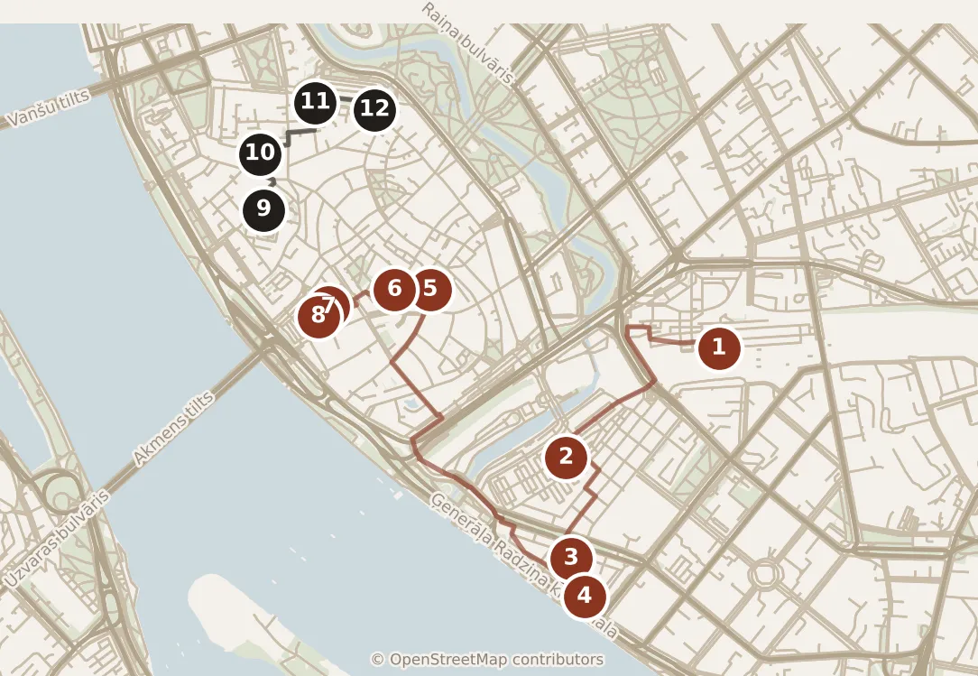 Map of Riga, day one and day two: stops 1–12, numbered in walking order.