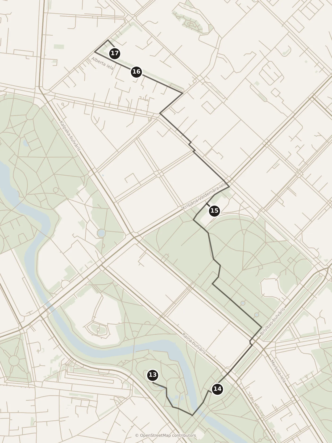 Map of Riga, afternoon: stops 13–17, numbered in walking order.