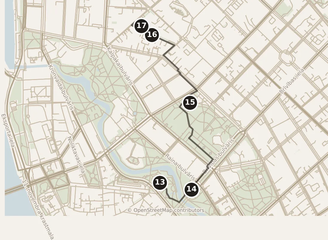 Map of Riga, afternoon: stops 13–17, numbered in walking order.