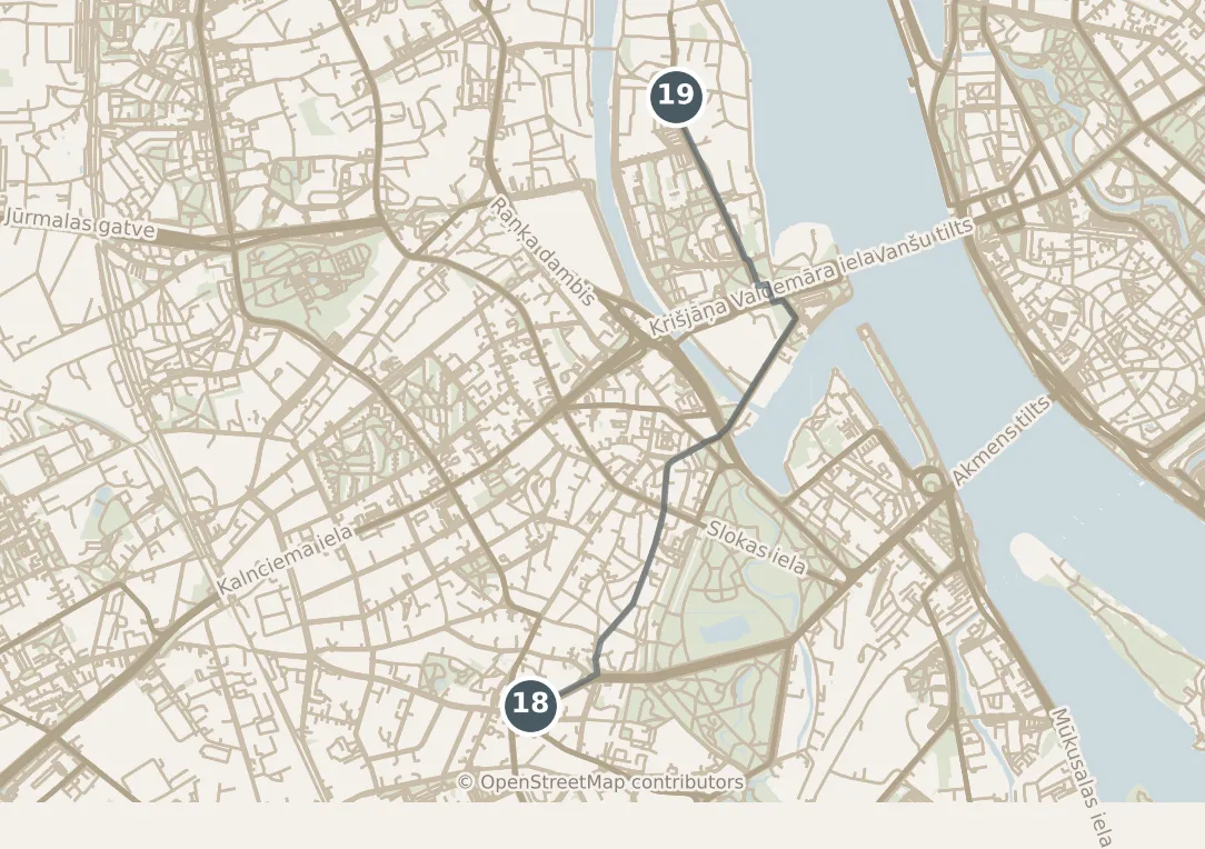 Map of Riga, with a third day: stops 18–19, numbered in walking order.