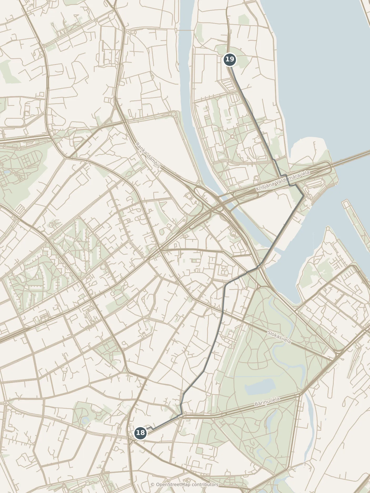Map of Riga, with a third day: stops 18–19, numbered in walking order.