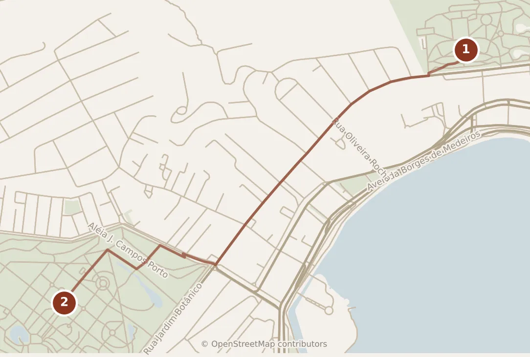Map of Rio de Janeiro, morning: stops 1–2, numbered in walking order.