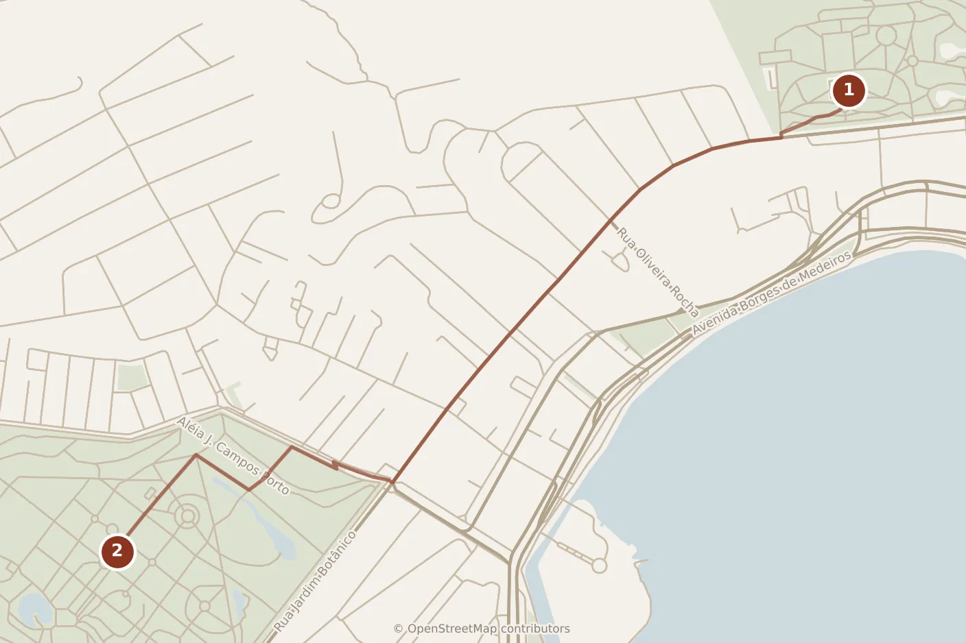 Map of Rio de Janeiro, morning: stops 1–2, numbered in walking order.