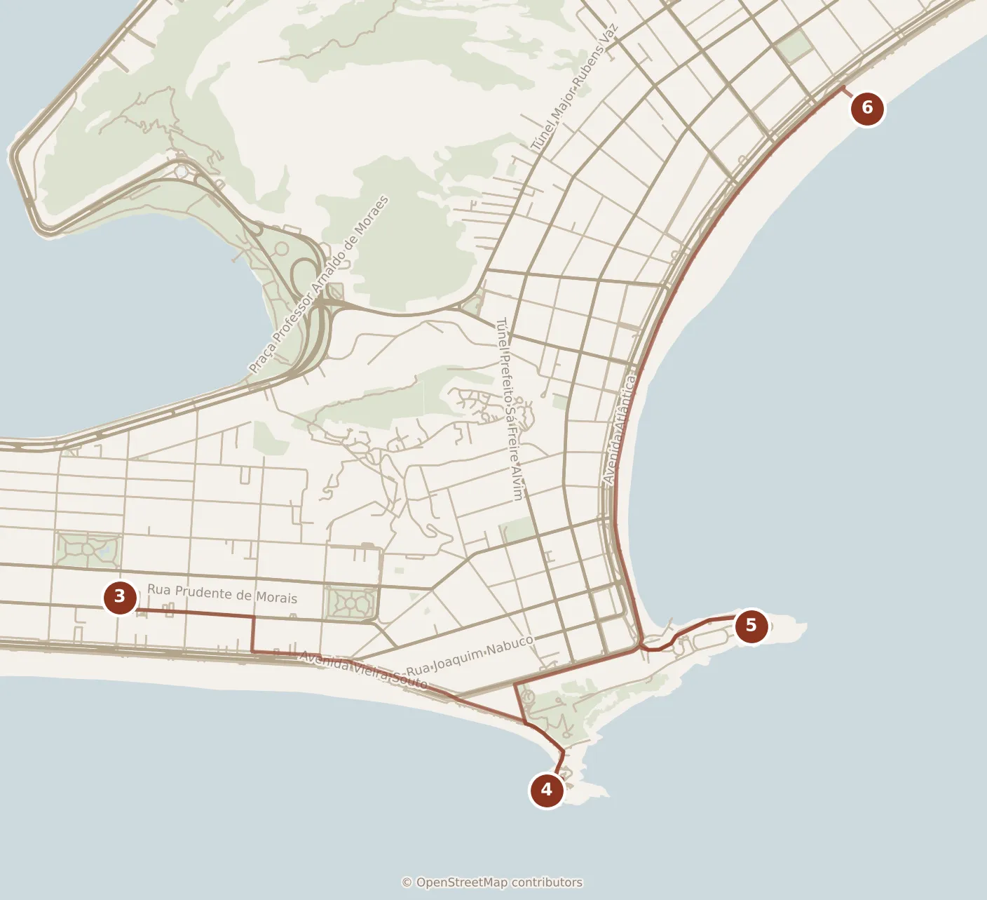 Map of Rio de Janeiro, afternoon: stops 3–6, numbered in walking order.