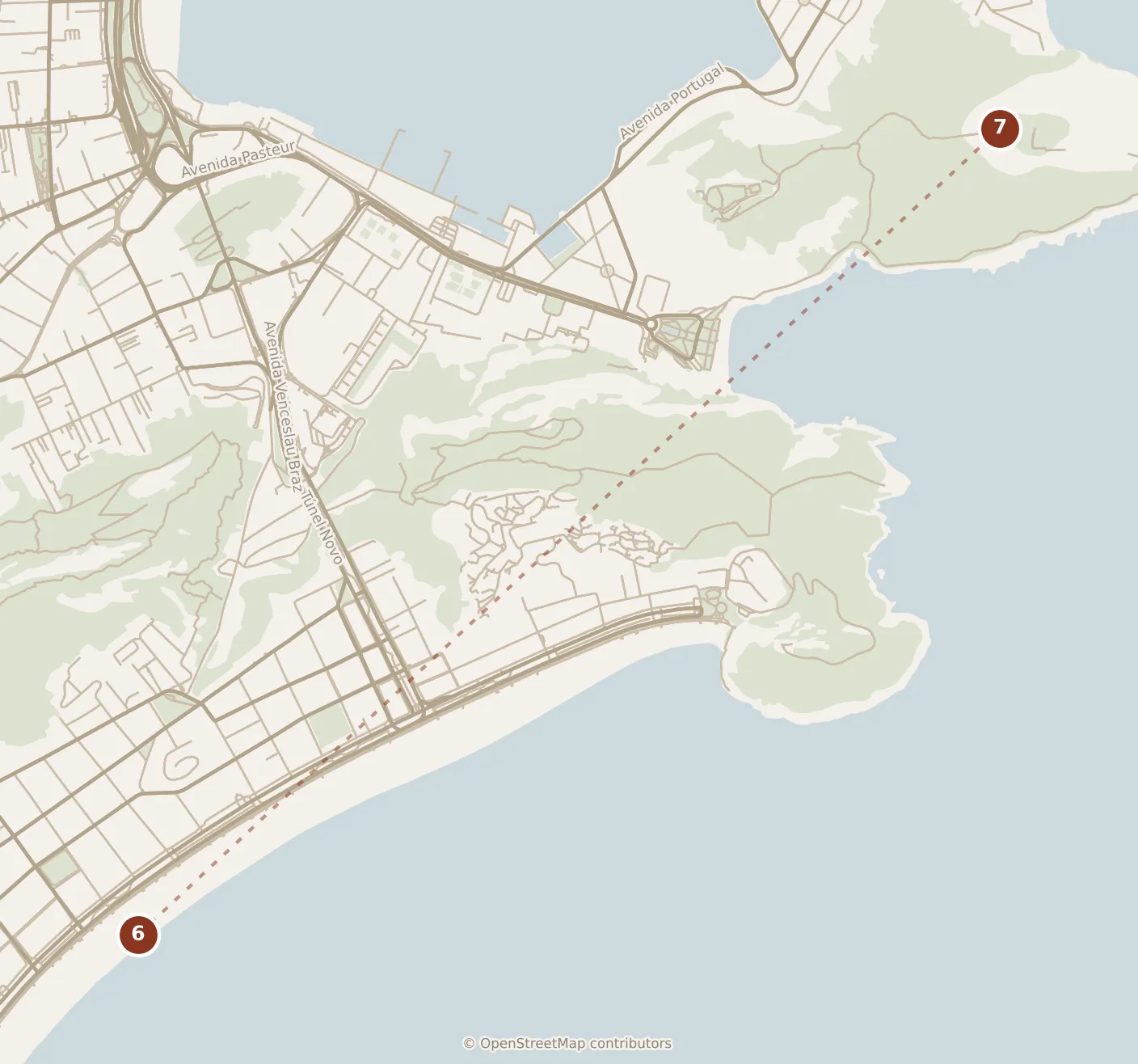 Map of Rio de Janeiro, evening: stop 7, numbered in walking order.