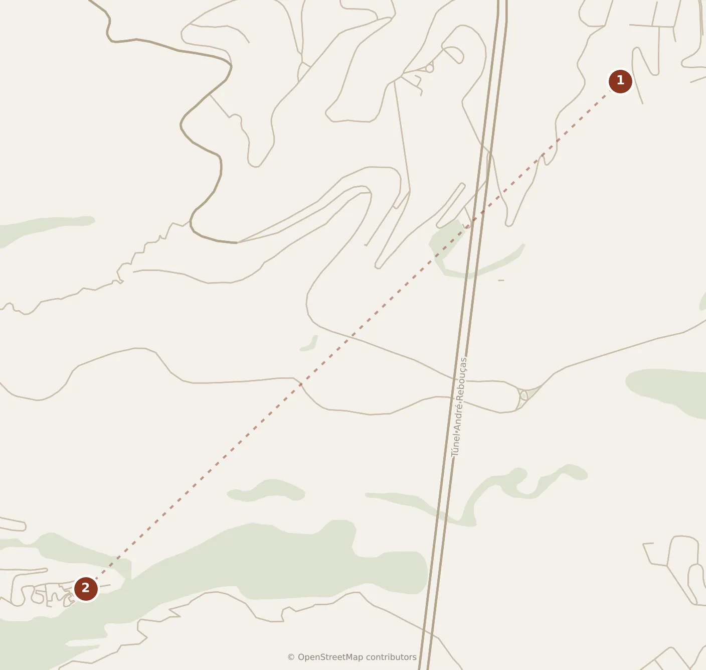 Map of Rio de Janeiro, morning: stops 1–2, numbered in walking order.