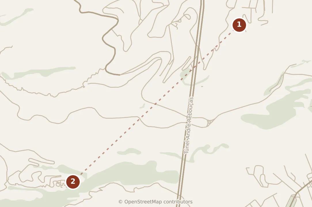 Map of Rio de Janeiro, morning: stops 1–2, numbered in walking order.
