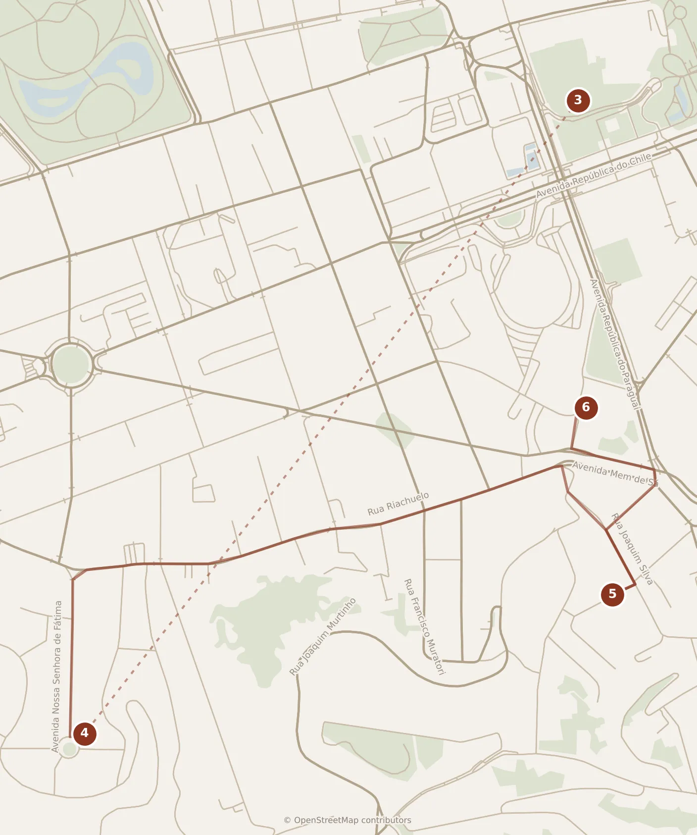 Map of Rio de Janeiro, afternoon and evening: stops 3–6, numbered in walking order.