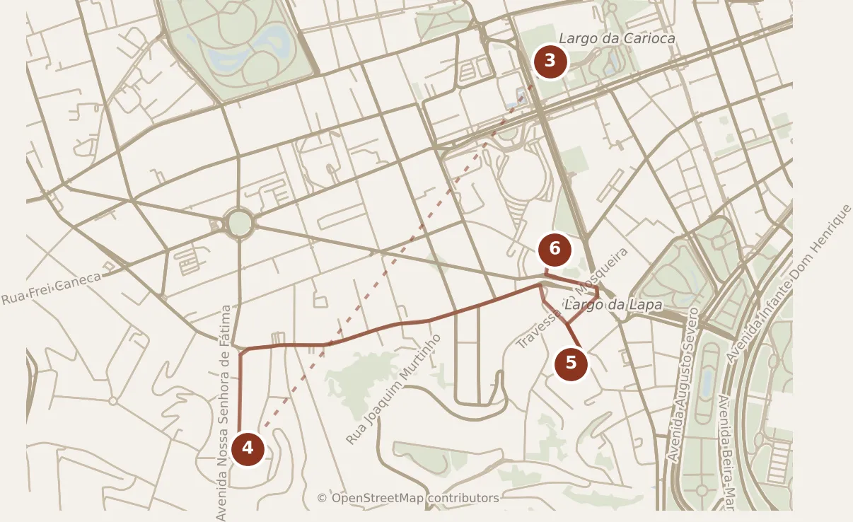 Map of Rio de Janeiro, afternoon and evening: stops 3–6, numbered in walking order.
