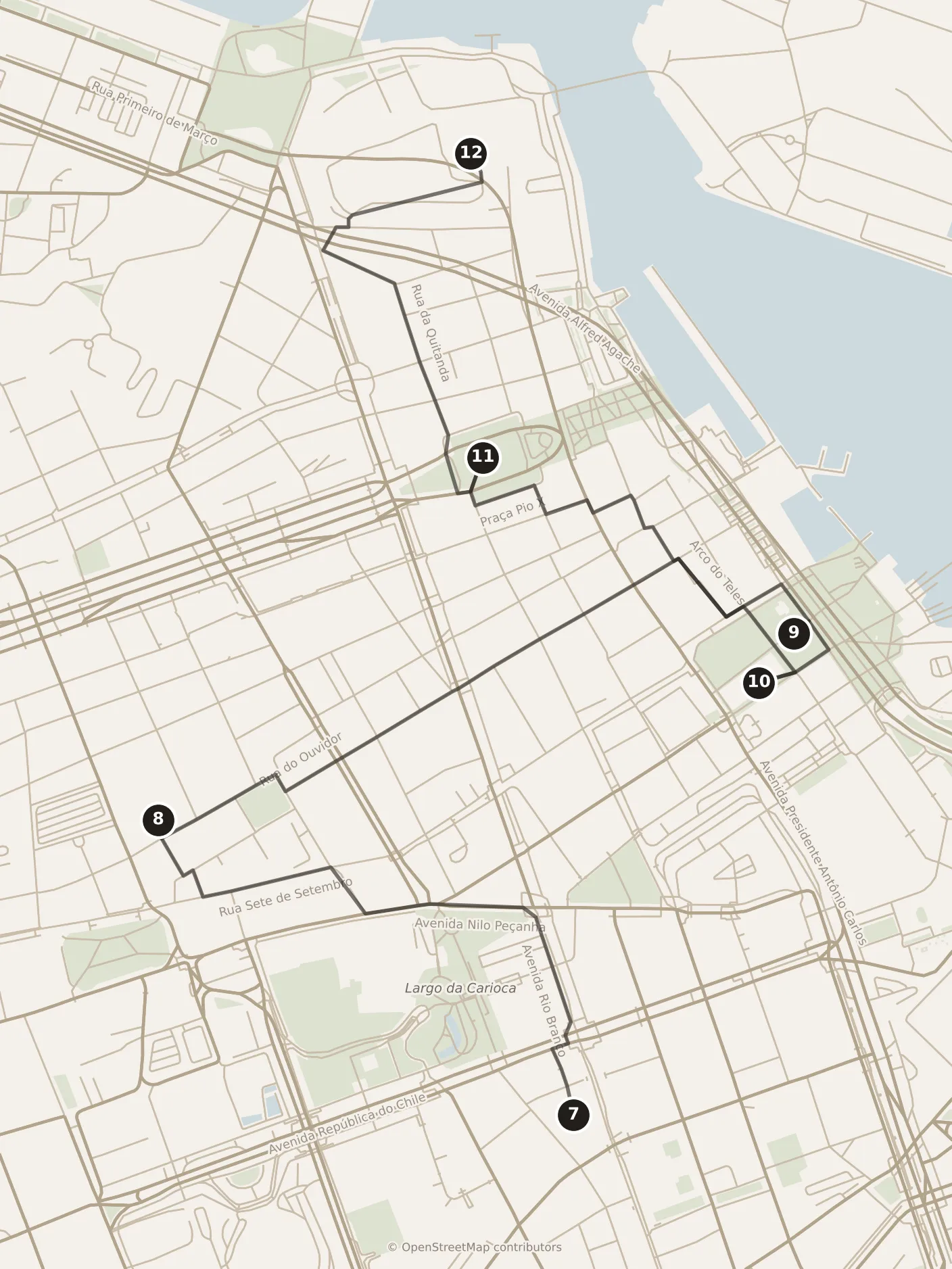 Map of Rio de Janeiro, morning: stops 7–12, numbered in walking order.