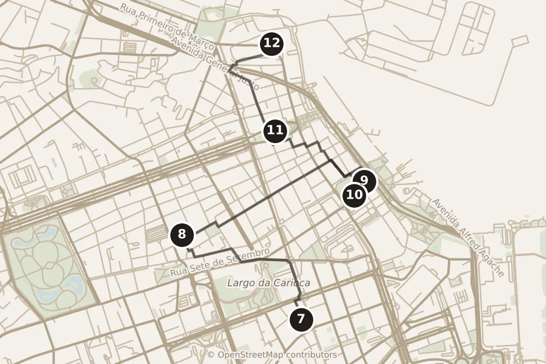 Map of Rio de Janeiro, morning: stops 7–12, numbered in walking order.