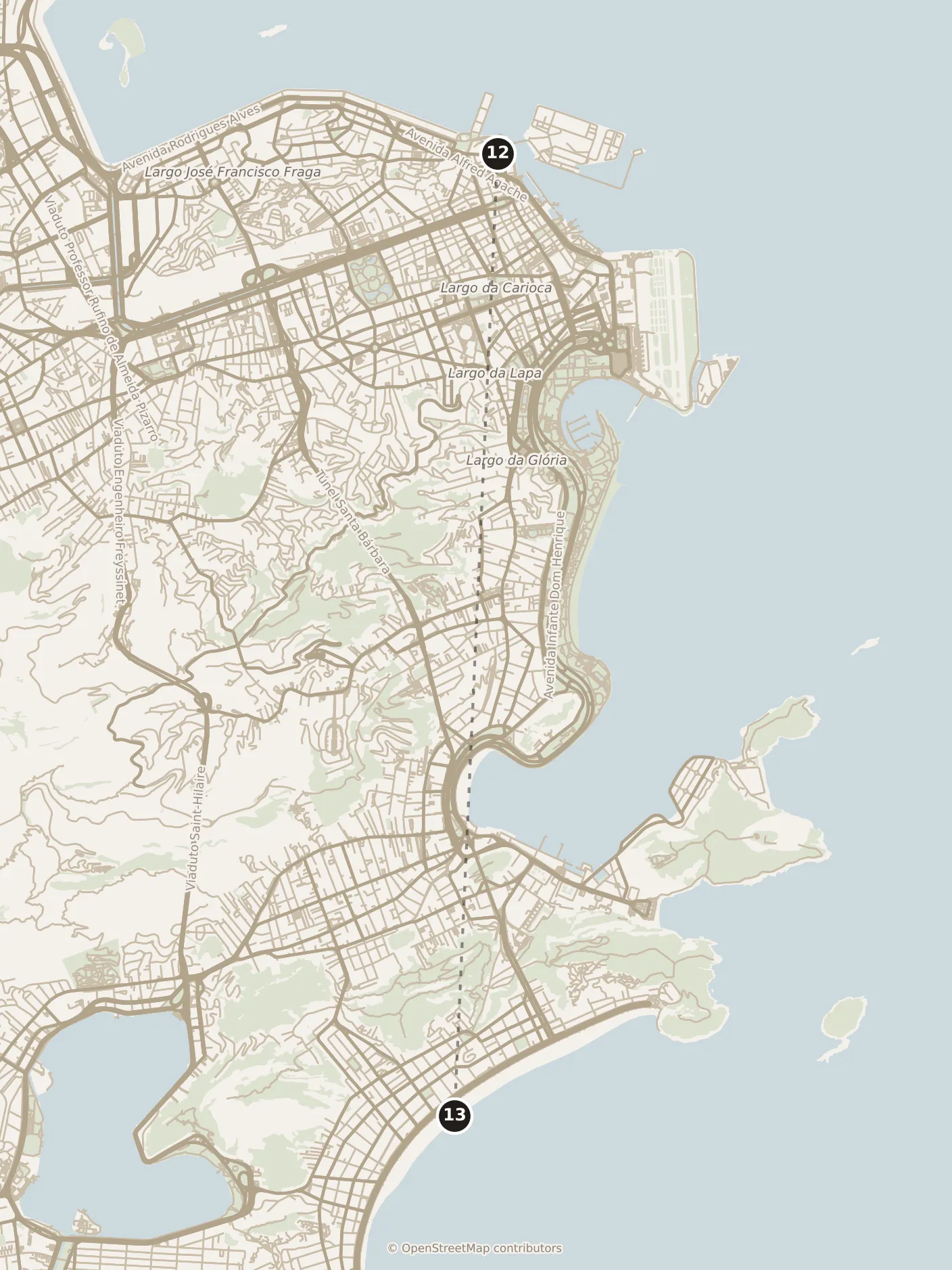 Map of Rio de Janeiro, afternoon: stop 13, numbered in walking order.