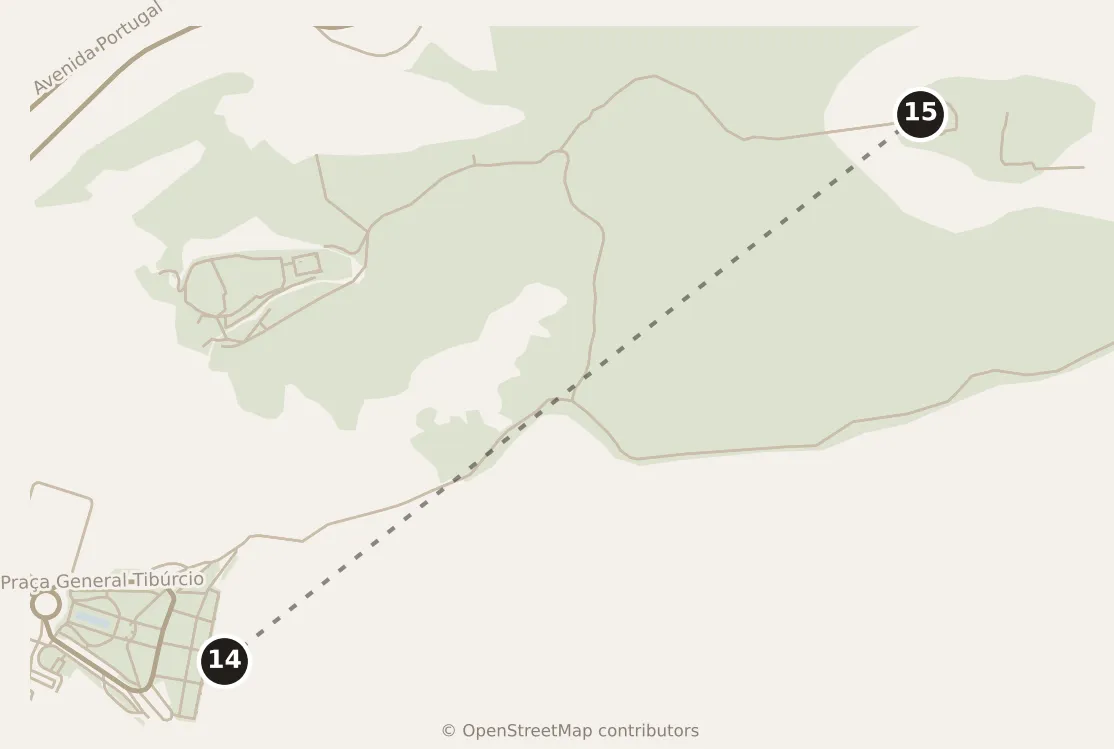 Map of Rio de Janeiro, evening: stops 14–15, numbered in walking order.