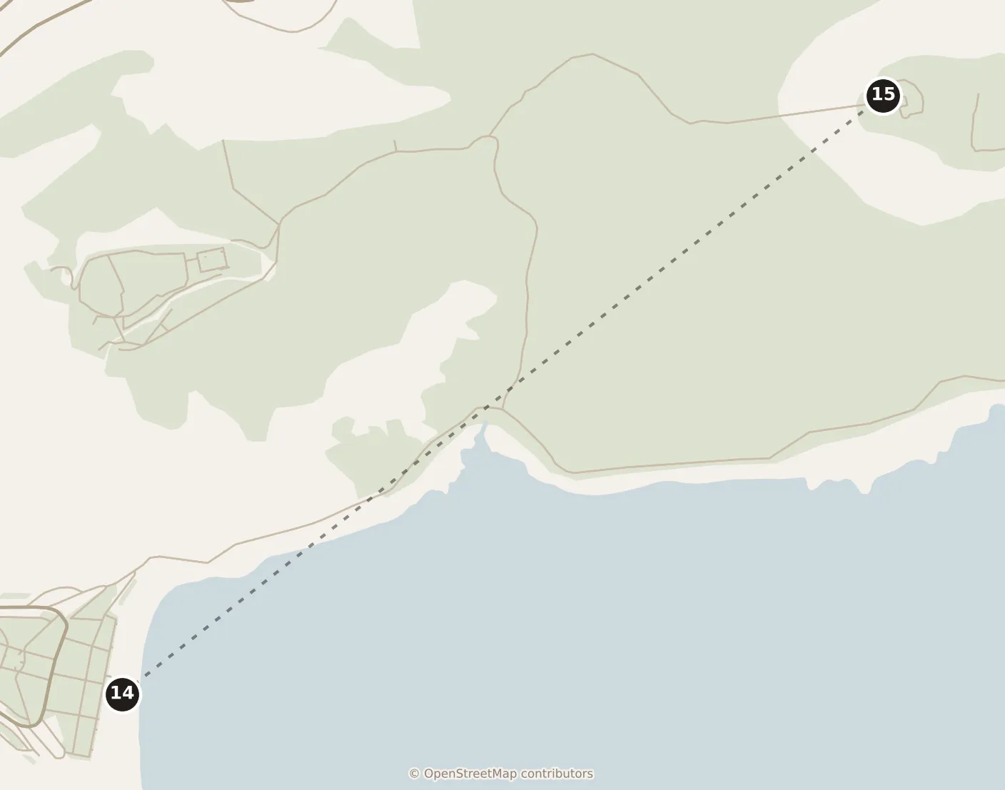 Map of Rio de Janeiro, evening: stops 14–15, numbered in walking order.