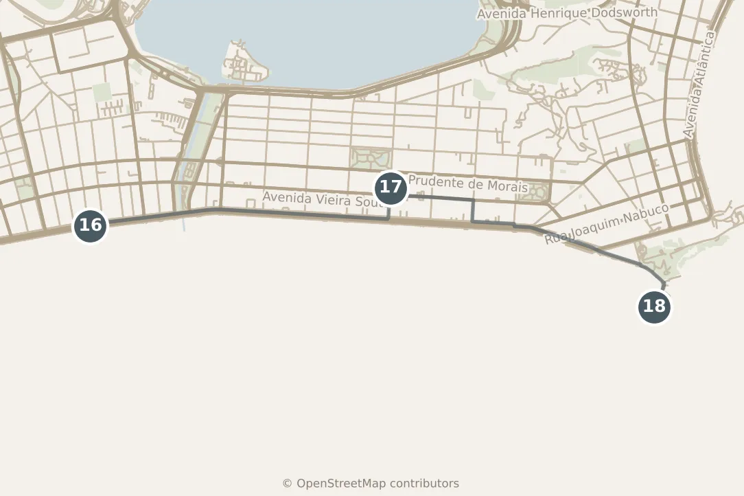 Map of Rio de Janeiro, with a third day: stops 16–18, numbered in walking order.