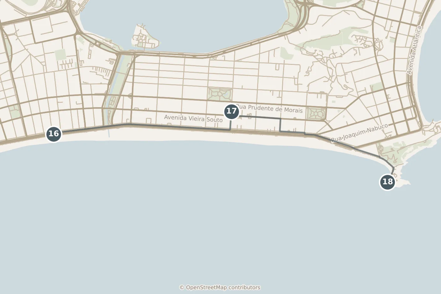 Map of Rio de Janeiro, with a third day: stops 16–18, numbered in walking order.