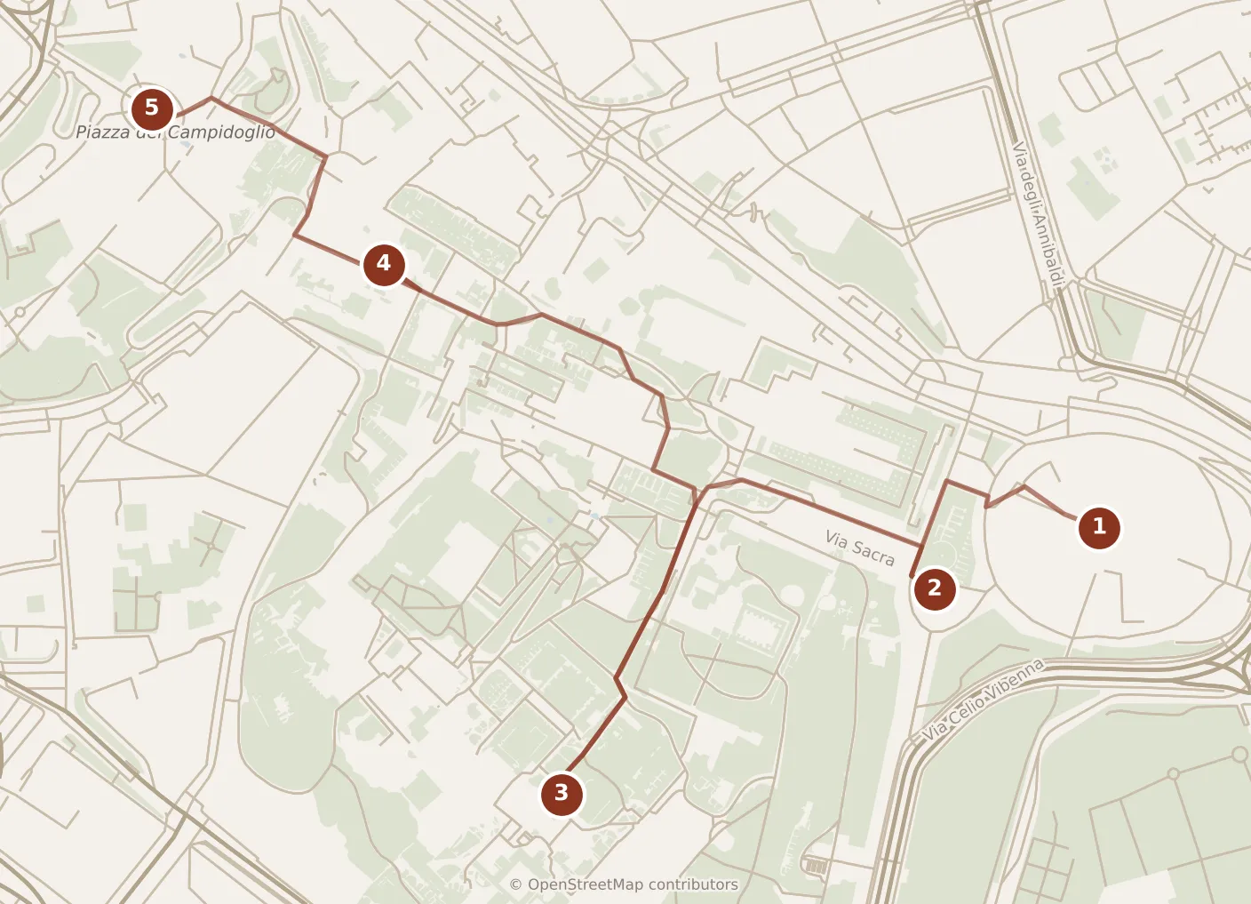 Map of Rome, morning: stops 1–5, numbered in walking order.