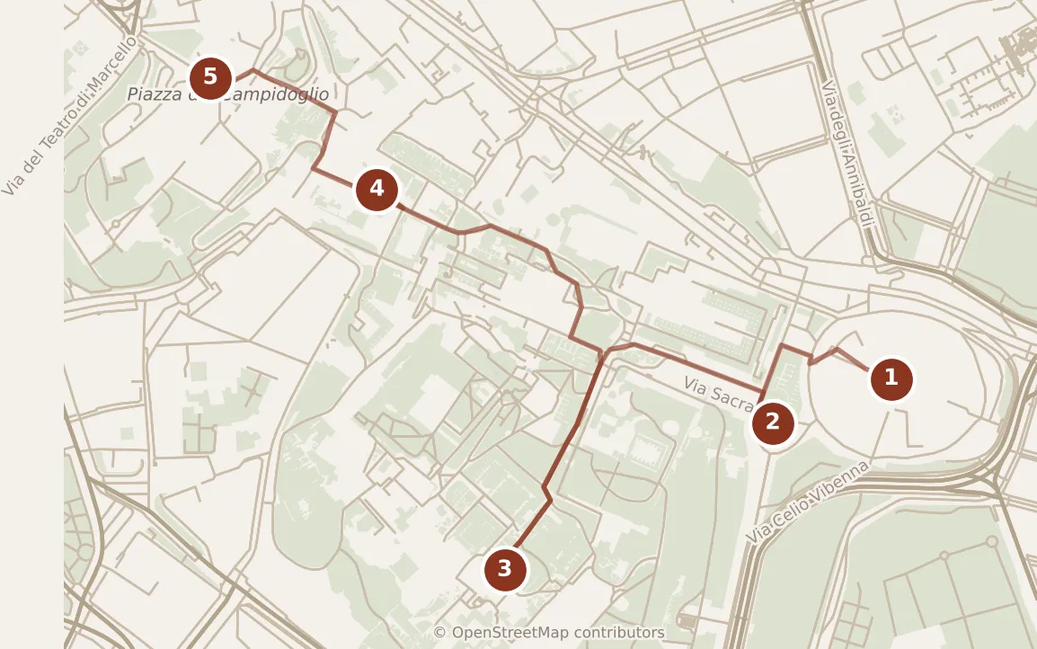 Map of Rome, morning: stops 1–5, numbered in walking order.