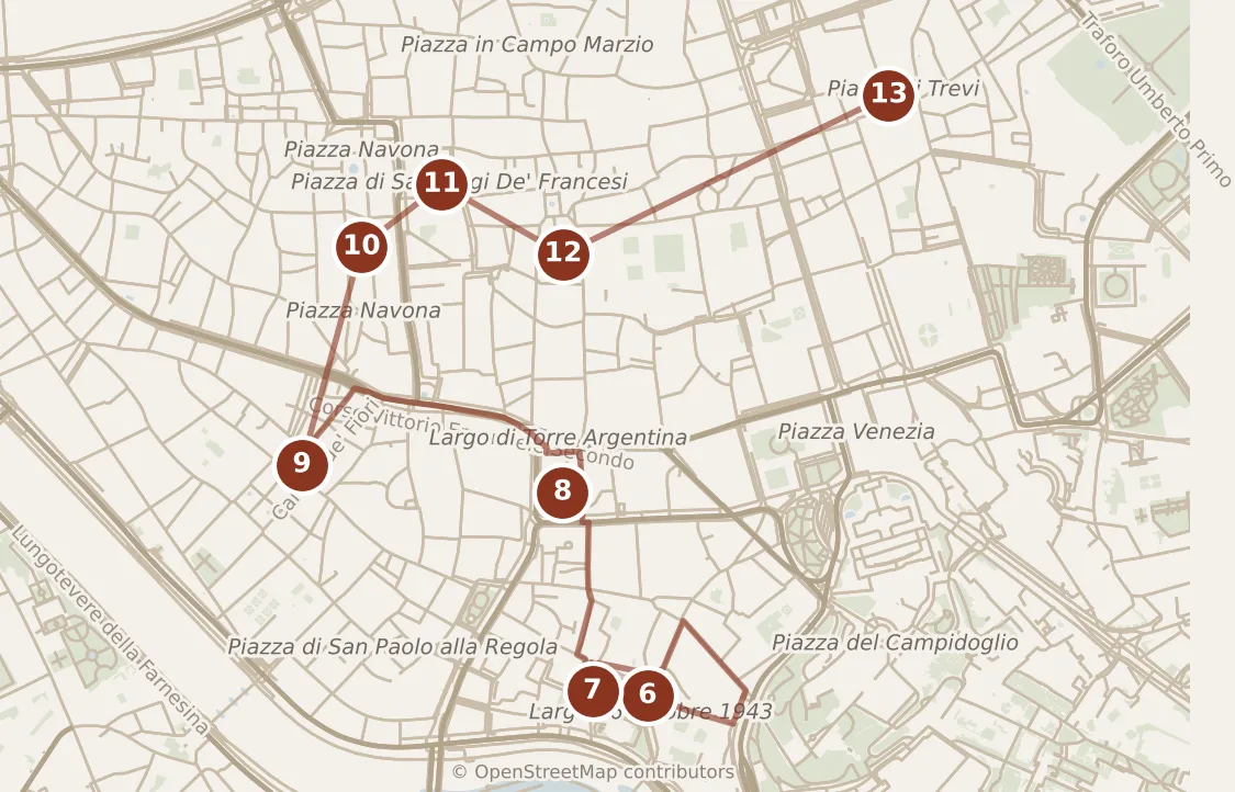 Map of Rome, afternoon and evening: stops 6–13, numbered in walking order.