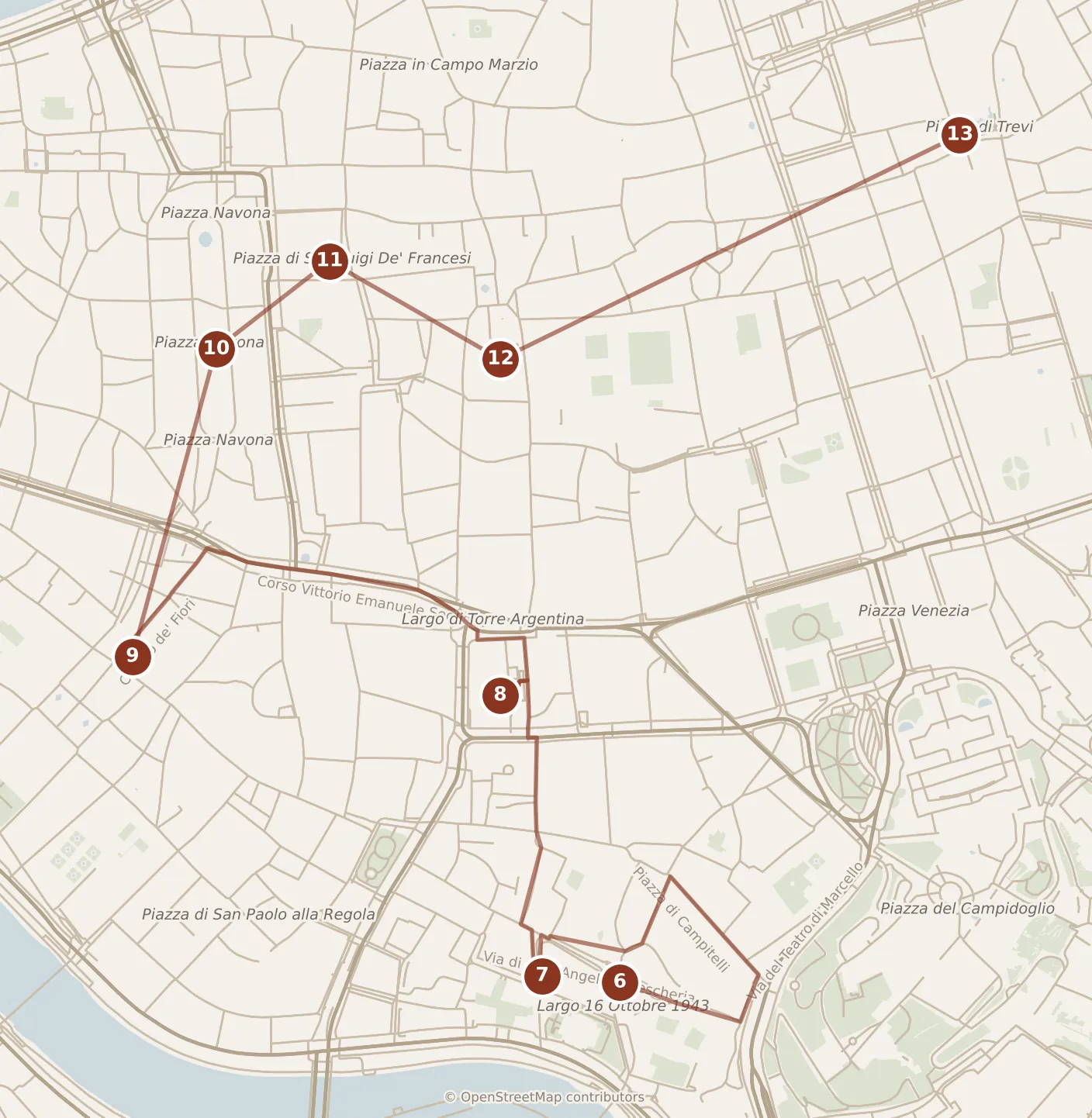 Map of Rome, afternoon and evening: stops 6–13, numbered in walking order.