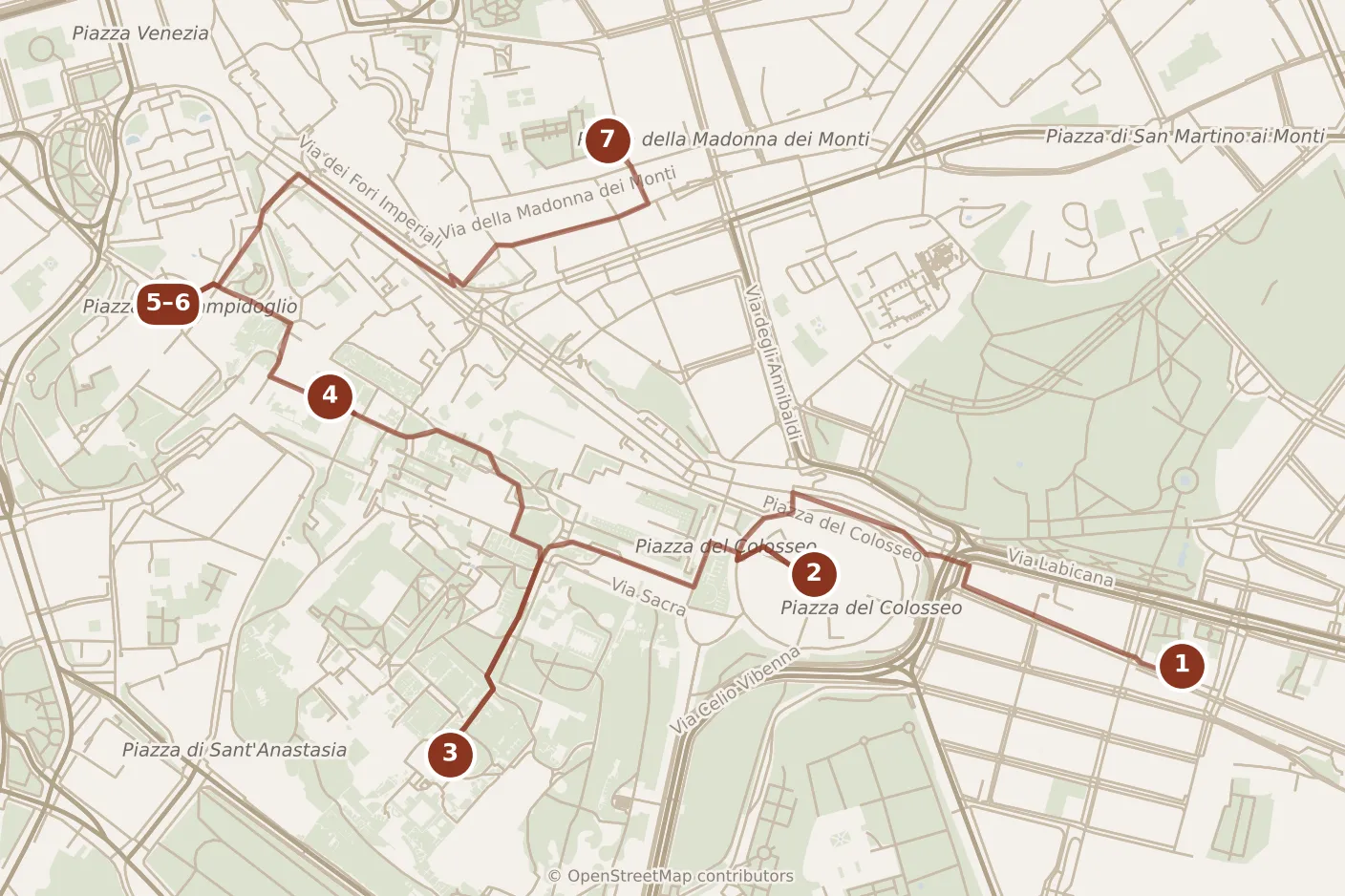 Map of Rome, day one: stops 1–7, numbered in walking order.