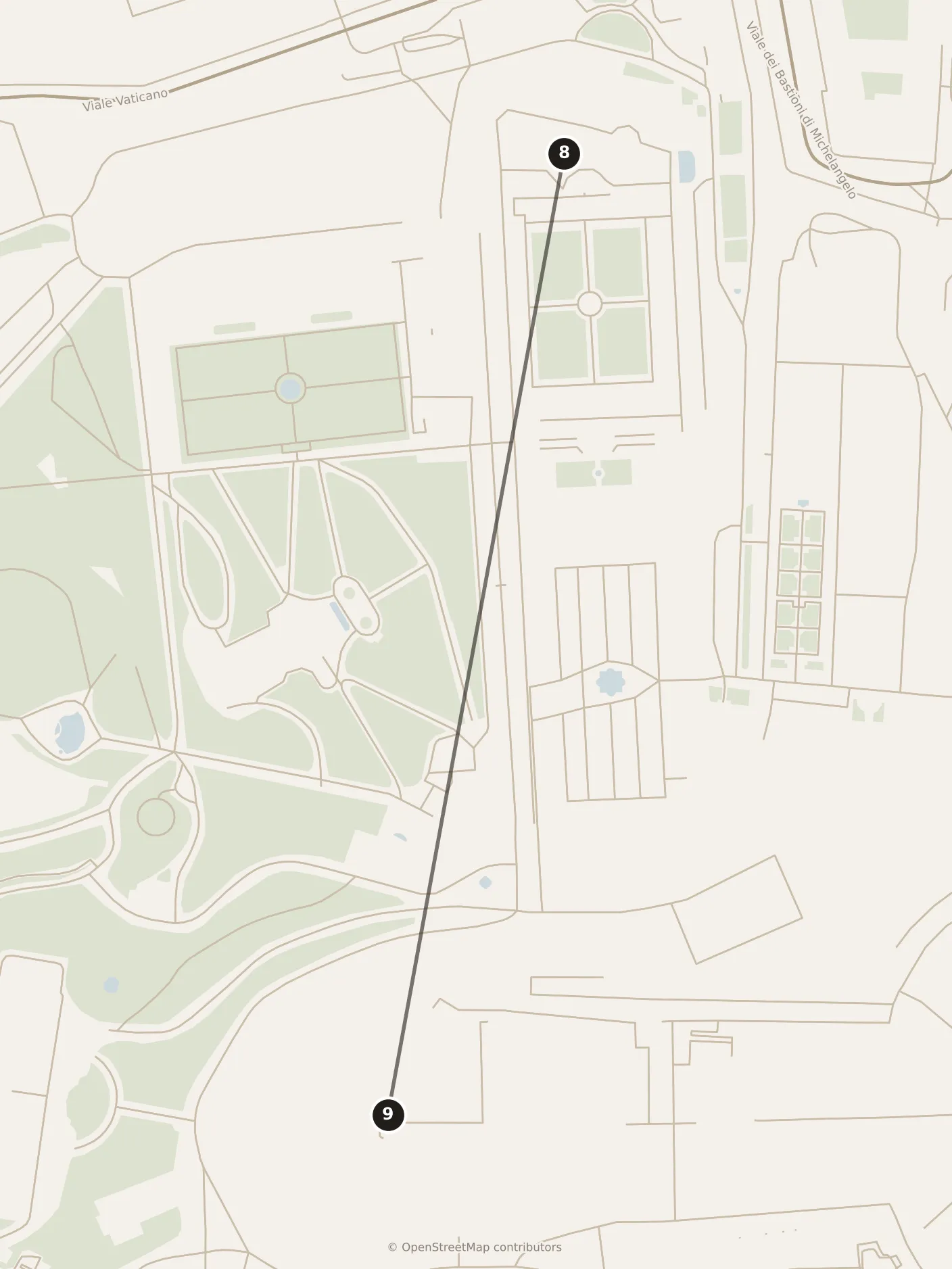 Map of Rome, morning: stops 8–9, numbered in walking order.